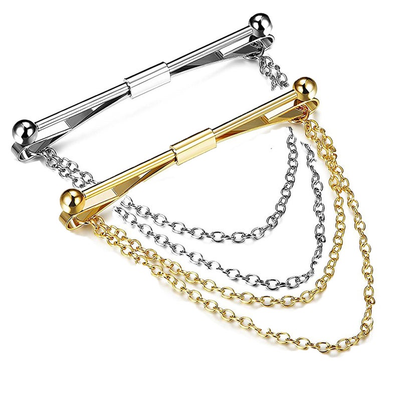 Geek-M 2PCS Tie Collar Bar Pin Set for Men - Classic Collar Clip with Hang Chain - Image 1